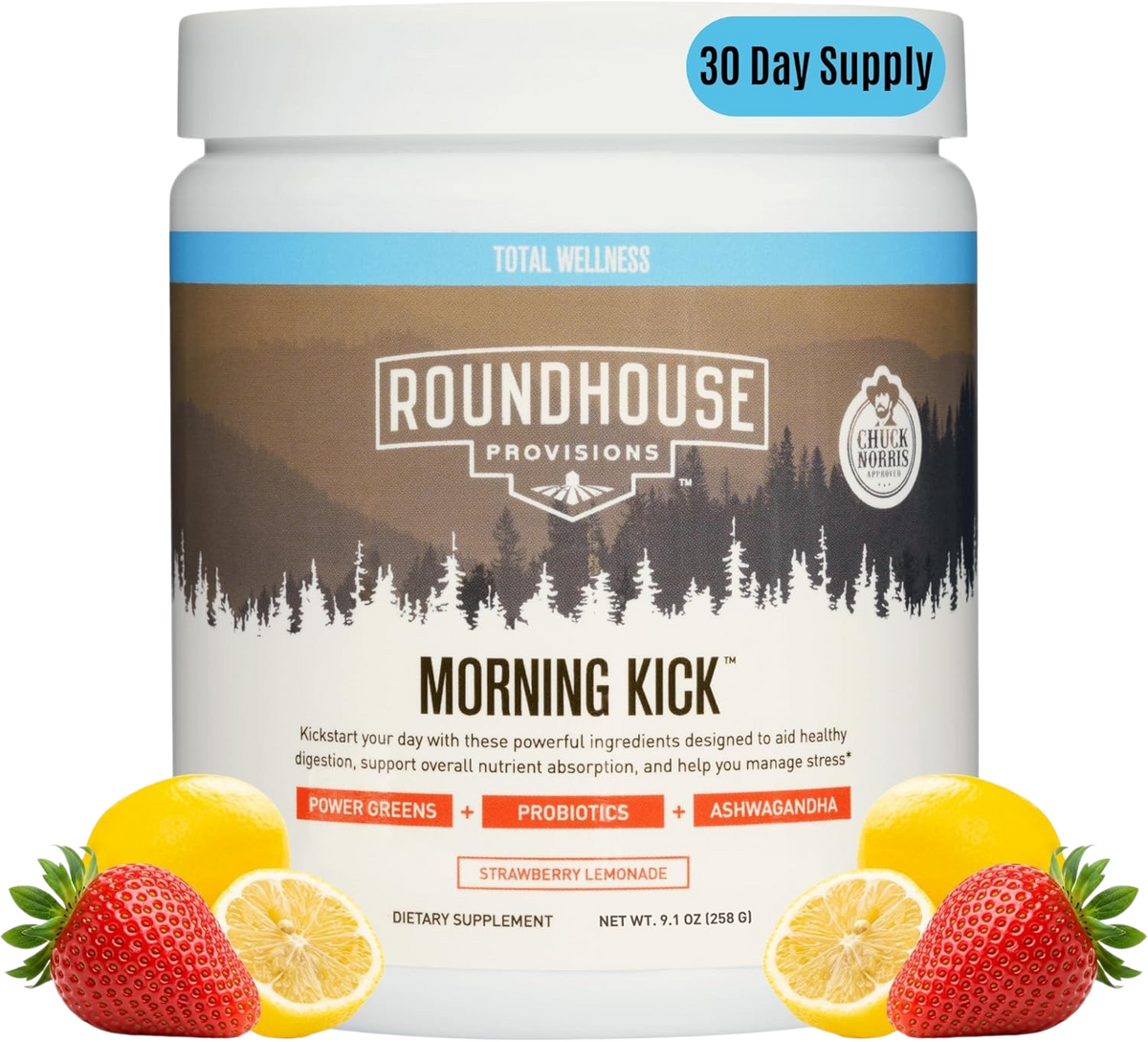 ROUNDHOUSE PROVISION Morning Kick Greens, Strawberry Lemonade, 30 Servings Greens Superfood Powder for Gut Health, Sugar Free, Caffeine Free, Ashwagandha, Collagen Peptides, Probiotics, Chuck Norris