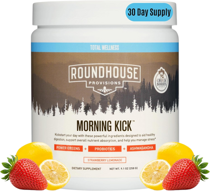 ROUNDHOUSE PROVISION Morning Kick Greens, Strawberry Lemonade, 30 Servings Greens Superfood Powder for Gut Health, Sugar Free, Caffeine Free, Ashwagandha, Collagen Peptides, Probiotics, Chuck Norris