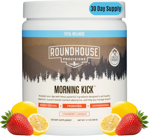 ROUNDHOUSE PROVISION Morning Kick Greens, Strawberry Lemonade, 30 Servings Greens Superfood Powder for Gut Health, Sugar Free, Caffeine Free, Ashwagandha, Collagen Peptides, Probiotics, Chuck Norris