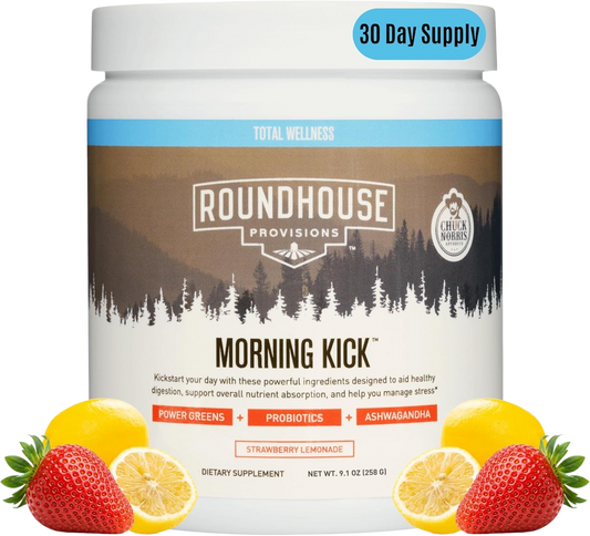 ROUNDHOUSE PROVISION Morning Kick Greens, Strawberry Lemonade, 30 Servings Greens Superfood Powder for Gut Health, Sugar Free, Caffeine Free, Ashwagandha, Collagen Peptides, Probiotics, Chuck Norris